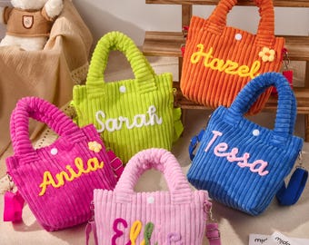 Borsa a tracolla personalizzata per bambina, borsetta in velluto a coste fatta a mano con nome, borsetta per bambini, regalo per il ritorno a scuola