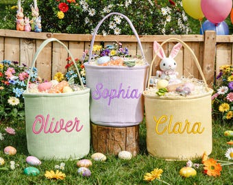 Personalized Seersucker Easter Basket,Embroidered Name Easter Baskets,Easter Egg Hunt Gift,Spring Decor Basket,Baby First Easter Gift