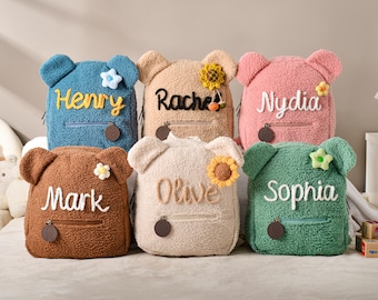 Personalisierter Teddybär-Rucksack, benutzerdefinierter flauschiger Teddybär-Rucksack, Kleinkind-Rucksack, Geschenke für den ersten Schultag, Kinderrucksack, zurück zur Schule