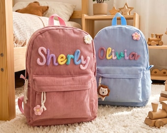 Zaino personalizzato in velluto a coste per bambini, borsa scolastica con nome personalizzato, regalo per il ritorno a scuola per bambini e bambine