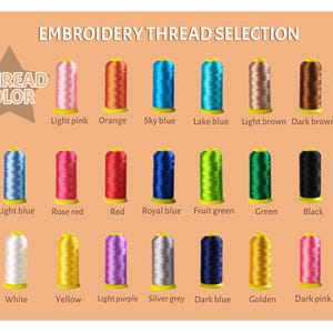 May include: A display of embroidery thread spools in a range of colours. The image features the text "Embroidery Thread Selection" and "Thread Colour". Colours include light pink, orange, sky blue, lake blue, light brown, dark brown, light blue, rose red, red, royal blue, fruit green, green, black, white, yellow, light purple, silver grey, dark blue, golden, and dark pink.
