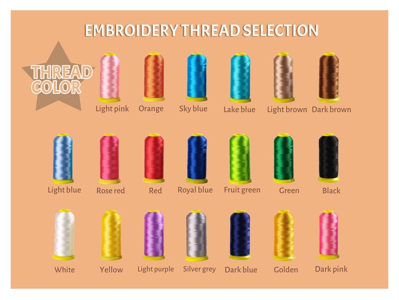 May include: A display of embroidery thread spools in a range of colours. The image features the text "Embroidery Thread Selection" and "Thread Colour". Colours include light pink, orange, sky blue, lake blue, light brown, dark brown, light blue, rose red, red, royal blue, fruit green, green, black, white, yellow, light purple, silver grey, dark blue, golden, and dark pink.