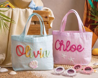 Borsa tote personalizzata per bambini, borsa da spiaggia in seersucker con nome personalizzato, regalo per il ritorno a scuola, borsetta per bambine e bambini