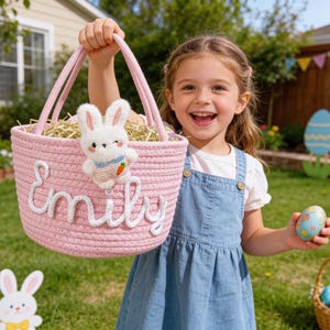 Cesta de Páscoa personalizada feita à mão para crianças, cesta de Páscoa com nome personalizado, cesta de corda de algodão para chá de bebê, cesta de presentes para bebês, cesta de brinquedos