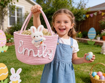 Canasta de Pascua personalizada hecha a mano para niños, canasta de Pascua con nombre personalizado, canasta de cuerda de algodón para regalo de baby shower, canastas de regalo para bebé, canasta de juguetes