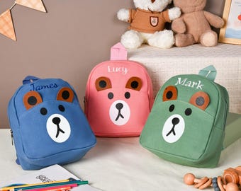Personalized Teddy Bear Kids Backpack, Canvas Toddler Bag, Embroidered Name Bag, Back to School & Birthday Gift
