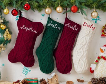 Calze di Natale personalizzate per la famiglia, calze ricamate per animali domestici, calze lavorate a maglia, calze a forma di osso per cani, regalo di Natale, regalo per decorazioni natalizie
