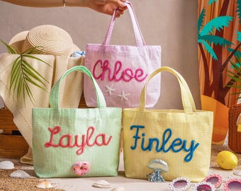 Borsa da spiaggia estiva personalizzata per bambini, borsa tote in seersucker con nome personalizzato, borsetta da viaggio per bambine, regalo per bambine