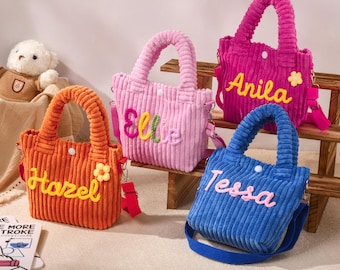 Borsa a tracolla personalizzata per bambina, borsetta in velluto a coste fatta a mano con nome, borsetta per bambini, regalo per il ritorno a scuola