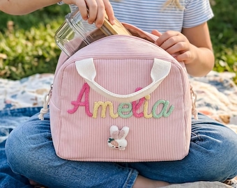 Borsa pranzo personalizzata per bambini, porta pranzo in velluto a coste fatto a mano con nome, regalo per il ritorno a scuola, borsa da picnic