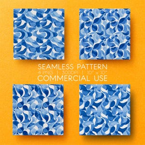 Könnte beinhalten: Vier quadratische Bilder mit einem nahtlosen blau-weißen Aquarellmuster. Das Muster zeigt abstrakte, fließende Formen in verschiedenen Blautönen. Der Text unten lautet: "SEAMLESS PATTERN 4 PNG | 300DPI | 25,4cm x 25,4cm COMMERCIAL USE."