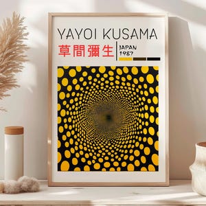 Poster ispirato a Yayoi Kusama, stampa xilografica in stile Japandi Yayoi Kusama, arredamento giapponese vintage, galleria di pareti astratte per la casa, arte Wabi Sabi