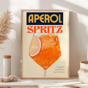 Impresión artística de cóctel Aperol Spritz, póster de bebida retro, arte mural moderno minimalista, arte mural de cóctel grande, arte mural imprimible al instante