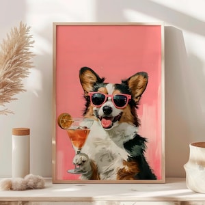 Vintage Corgis Hund Cocktail Wand Kunst Therapie Print Vintage Barwagen Retro Wandkunst Ästhetische Küche Dekor Poster College Wohnung Dekor