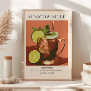 Moscow Mule Cocktail Art Print, Retro Drink Poster, Minimalistyczna Nowoczesna Sztuka Ścienna, Duża Sztuka Ścienna Koktajlowa Natychmiastowa Drukowana Oprawiona Sztuka Ścienna