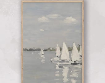 Cozy Sailboat Painting, Summer Seascape Art, Vintage Marine Print, Modern Bedroom Eclectic Wall Art, Nature Poster, Trendy Apartment Decor