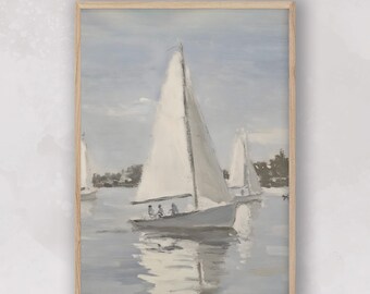Pintura aconchegante de veleiro, arte de paisagem marinha de verão, impressão marinha vintage, arte de parede eclética de quarto moderno, pôster da natureza, decoração de apartamento da moda