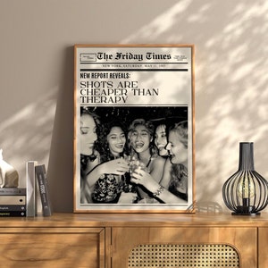Shots are Cheaper Therapy Trendy New York Newspaper Print Vintage Bar Cart Retro Wall Art Newspaper Headline Poster College Apartment Decor