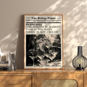 One Two Three Martinis Trendy New York Newspaper Print Vintage Bar Cart Retro Wall Art Newspaper Headline Poster College Apartment Decor