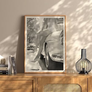 Woman Sitting on a Car Print Vintage Bar Cart Retro Poster College Wall Art Girl Room Apartment Funky Decor Feminist Poster Black and White