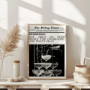 Hot Girls Money for Champagne Trendy Newspaper Print Vintage Bar Cart Retro Wall Art Newspaper Headline Poster College Apartment Decor