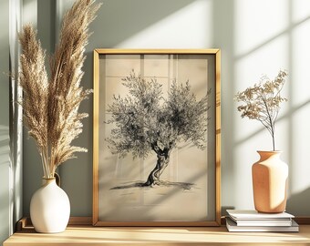 Minimalist Olive Tree Sketch Print: Dark Botanical Wall Art
