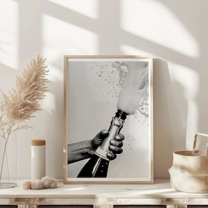 Trendy Champagne Bottle Poster Print Vintage Bar Cart Photography Prints Retro Wall Art Pub Black and White Wall Art College Apartment Decor