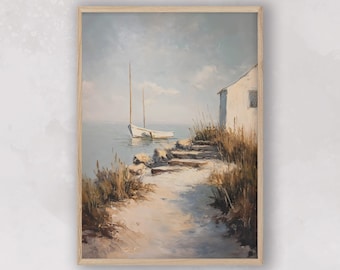Vintage Sailboat Seascape Painting, Coastal Cottage Art (Digital Download)