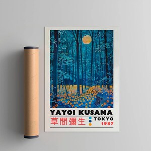 Poster ispirato a Yayoi Kusama, stampa xilografica in stile Japandi Yayoi Kusama, arredamento giapponese vintage, galleria di pareti astratte per la casa, arte Wabi Sabi