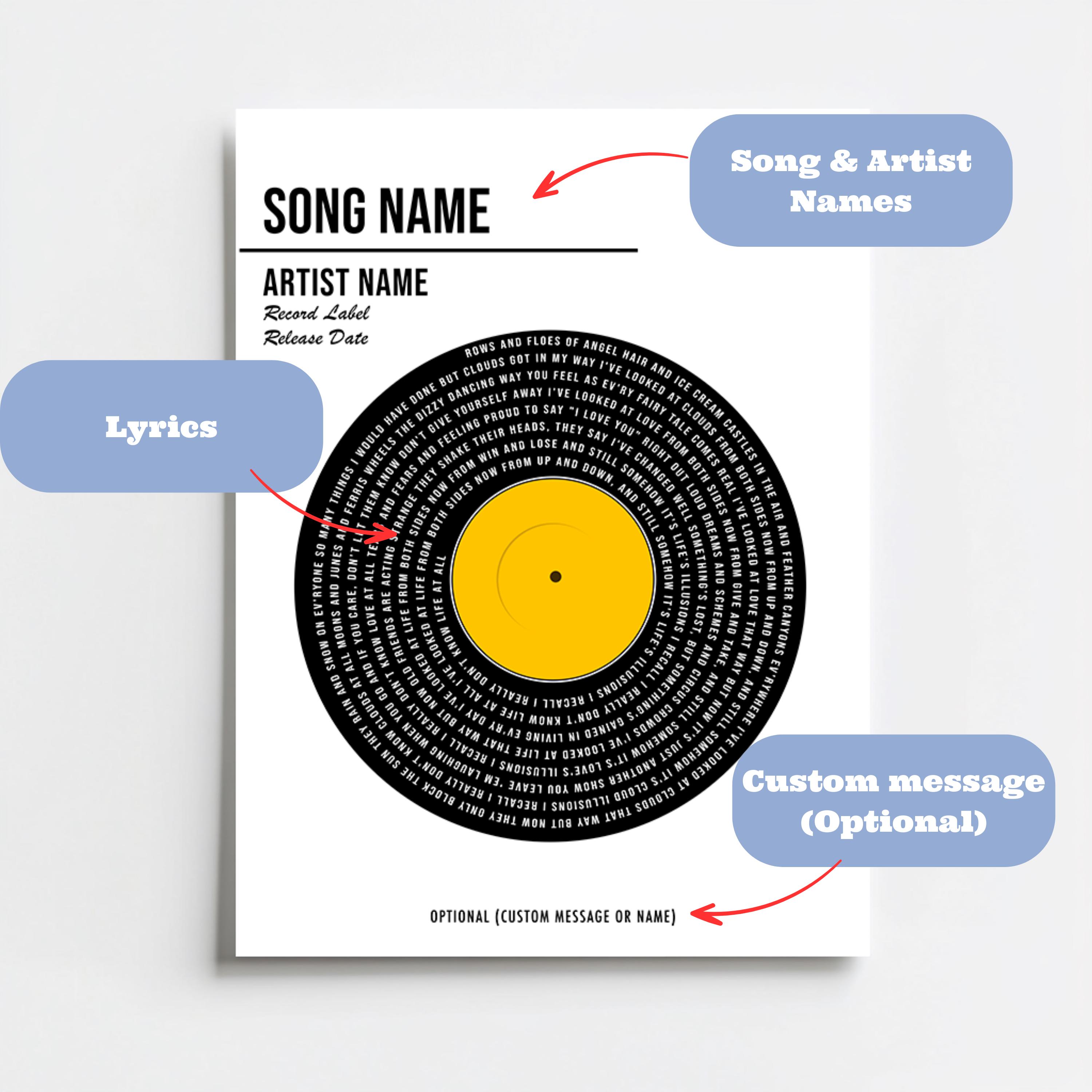 Custom Song Lyrics Print, Customizable Music Gift, Wedding Song Dance, Anniversary, Personalised Music Poster, Color Vinyl Lyric Poster