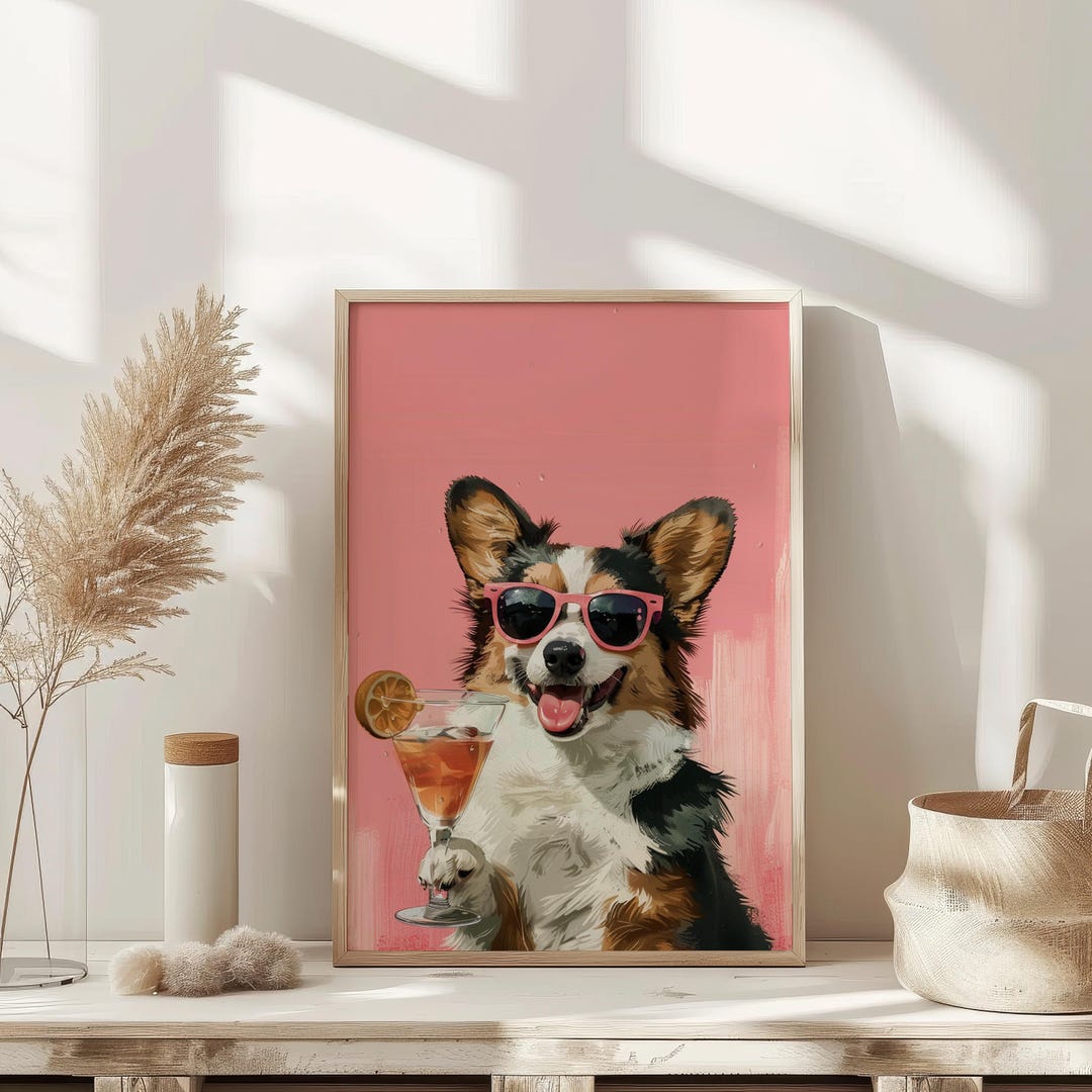 Vintage Corgi Cocktail Art Print | Retro Bar Cart Decor (digital ...