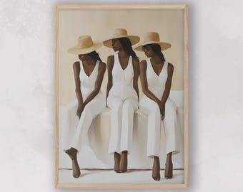 May include: An art print featuring three figures in white jumpsuits and straw hats. The figures are seated, with a neutral background and a wooden frame. The artwork has a soft, warm color palette.