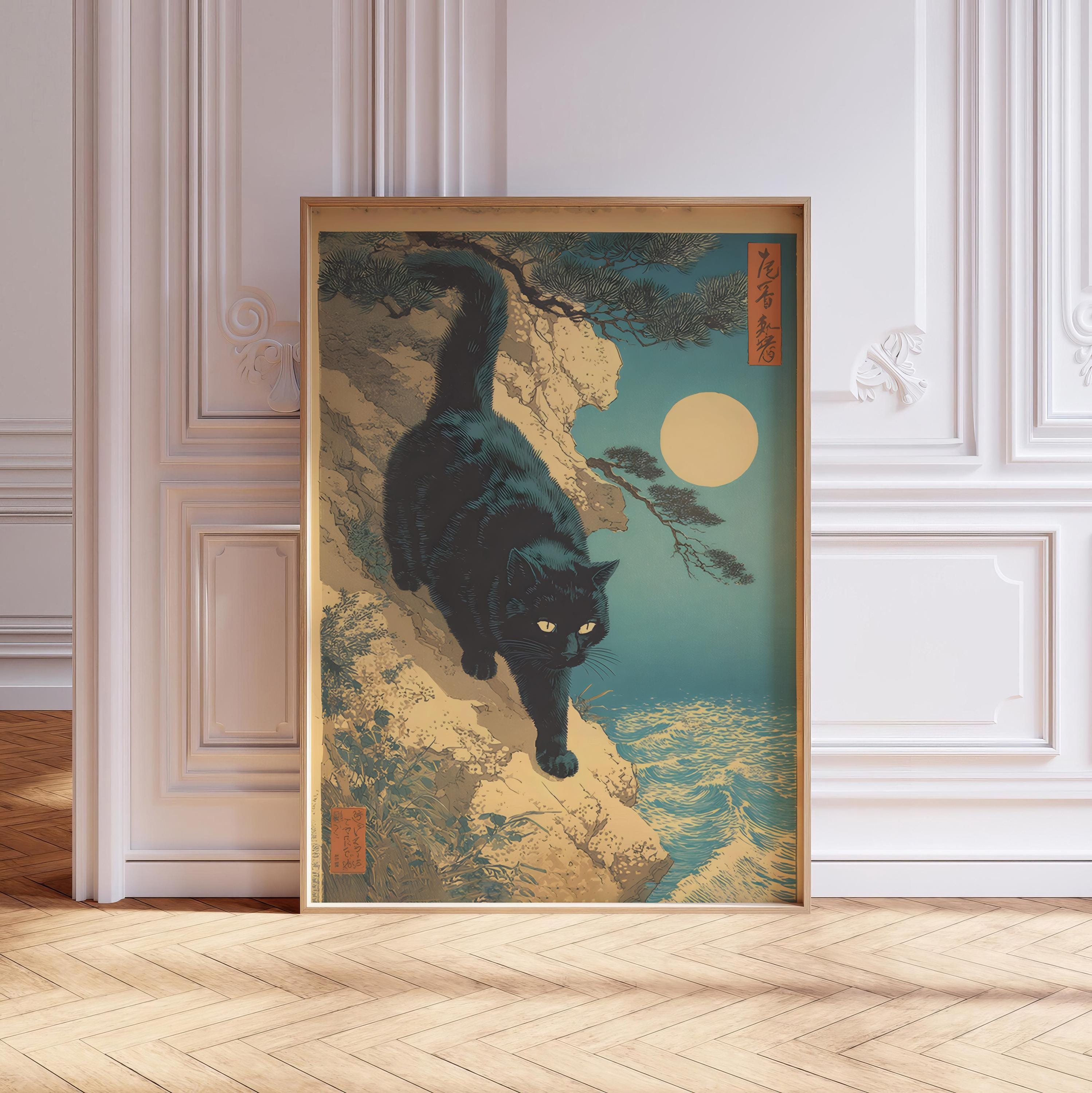 Japanese Black Cat Print, Hokusai Ukiyo-e Wall Art (digital