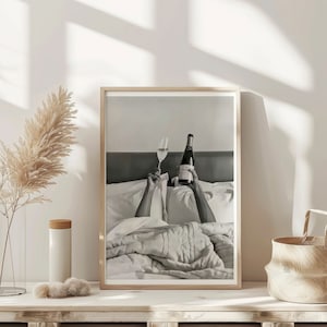 Champagne in Bed Poster Print Vintage Bar Cart Print Feminist Retro Wall Art College Girl Room Decor Black and White Alcohol Wall Art