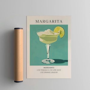 Margarita cocktailkunstprint, cocktailkunstposter, retro drankje poster minimalistisch, trendy grote muurkunst barwagen kunst decor afdrukbaar
