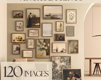 May include: A collection of framed vintage prints displayed on a wall. The prints feature various subjects, including landscapes, still lifes, and portraits. The text "VINTAGE PRINTS" is at the top, and "120 IMAGES" is at the bottom.