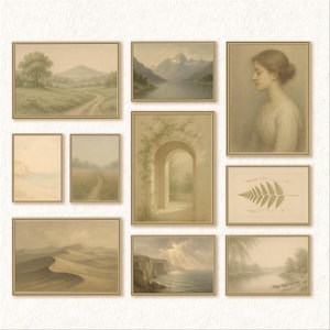 Neutral Muted Vintage Prints Wall Set of 10 Prints, Gallery Art Print Bundle, Country Decor, Farmhouse Bedroom Wall Art Digital Download