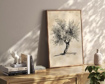 Minimalist Olive Tree Sketch Print: Dark Botanical Wall Art