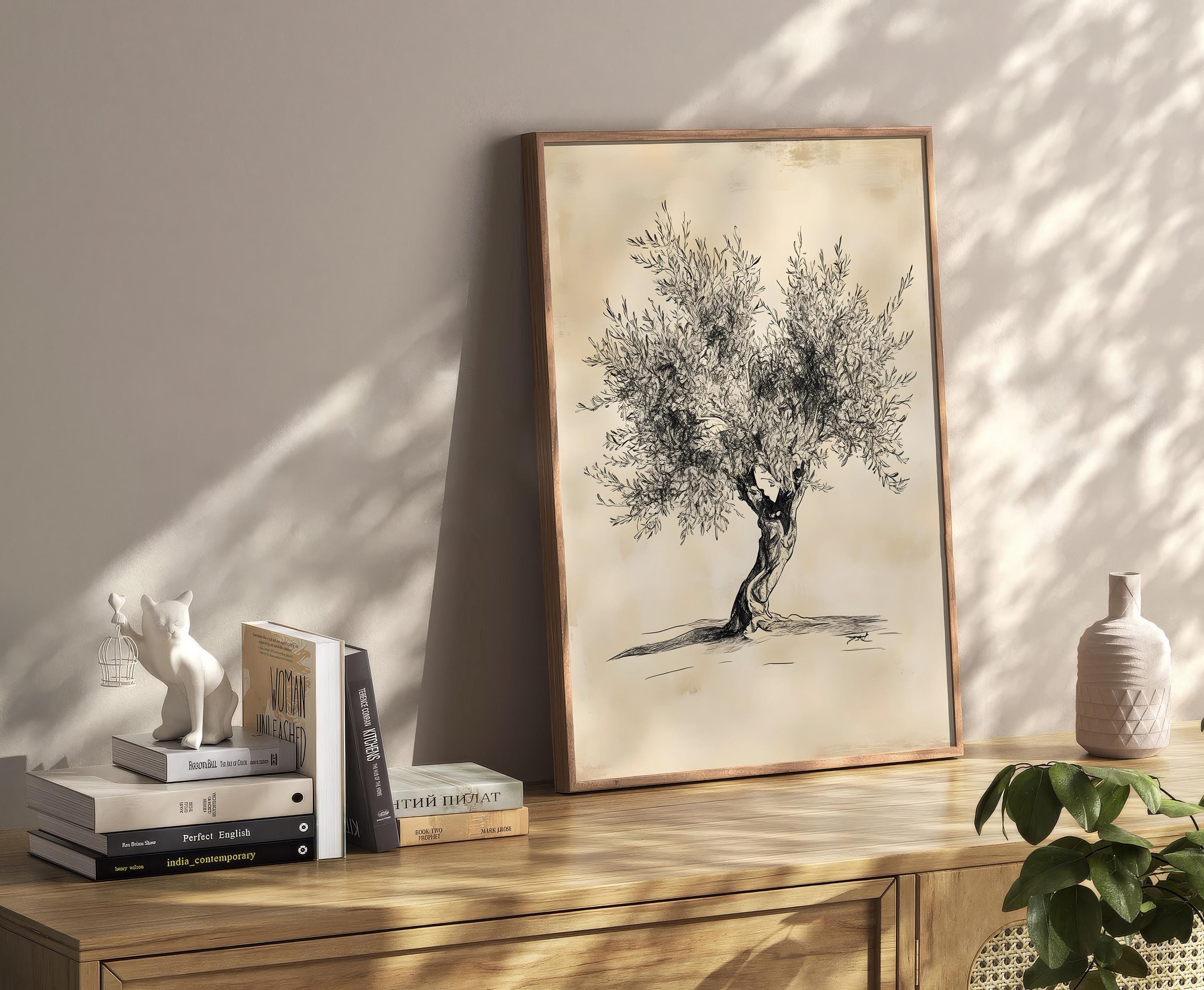 Minimalist Olive Tree Sketch Print: Dark Botanical Wall Art