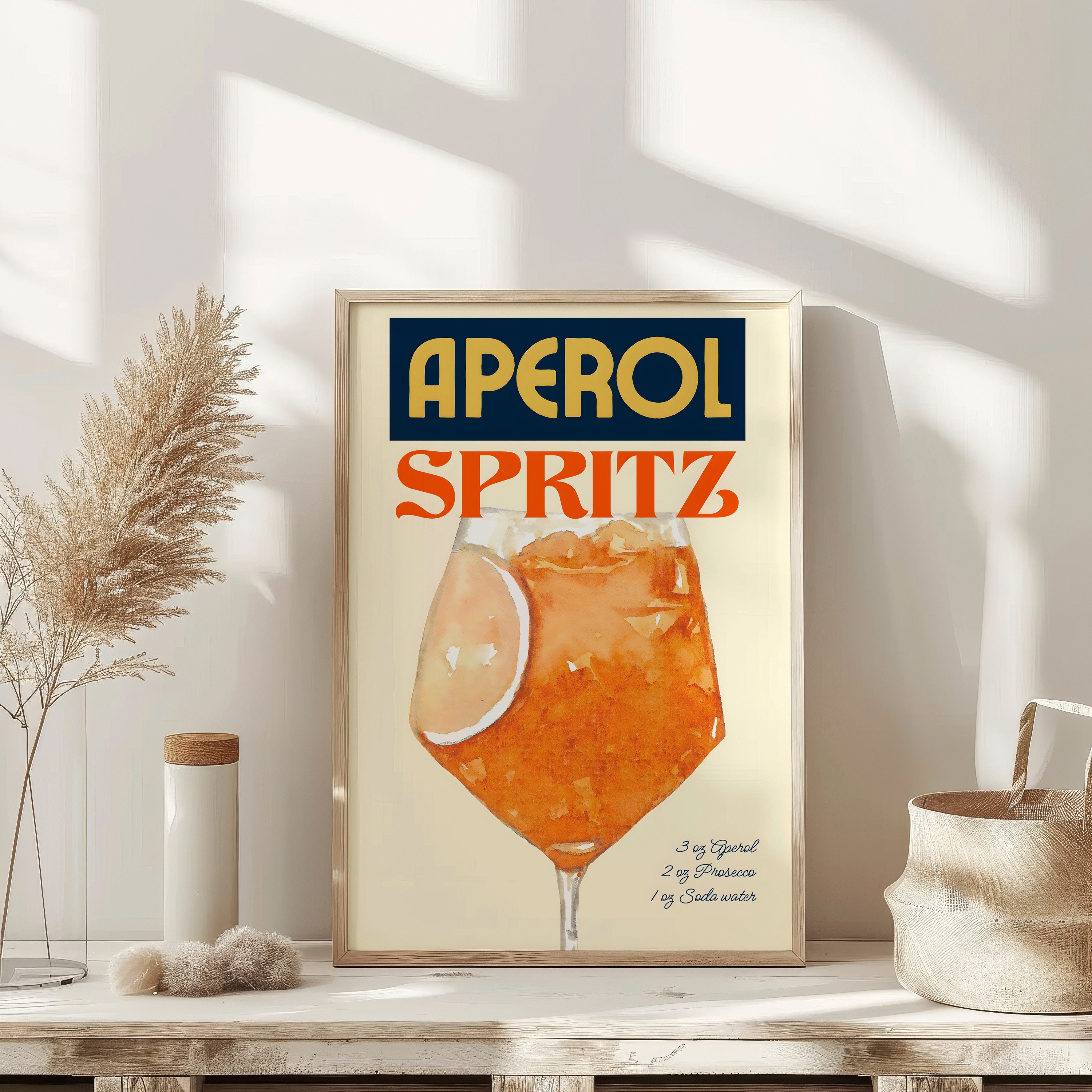 Aperol Spritz cocktailkunst print, retro drankje poster, minimalistische moderne muurkunst, grote cocktail muur kunst instant afdrukbare digitale download