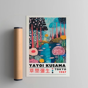 Poster ispirato a Yayoi Kusama, stampa xilografica in stile Japandi Yayoi Kusama, arredamento giapponese vintage, galleria di pareti astratte per la casa, arte Wabi Sabi