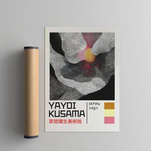 Poster ispirato a Yayoi Kusama, stampa xilografica in stile Japandi Yayoi Kusama, arredamento giapponese vintage, galleria di pareti astratte per la casa, arte Wabi Sabi