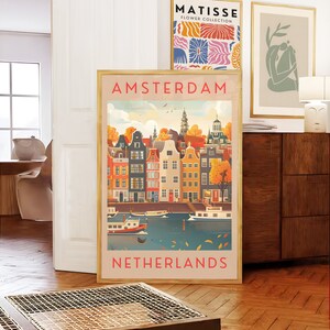 Pôster de viagem de Amsterdã, impressão artística retrô da cidade (download digital)
