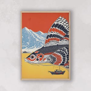 May include: A framed art print featuring a stylized fish with large, patterned fins in shades of red, black, and white. The background includes a red sky, blue mountains, and a yellow sea with two boats. The artwork has a vintage, illustrative style.