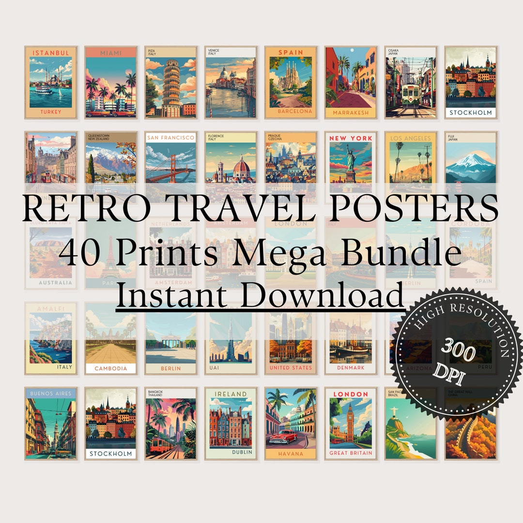 Retro Travel Poster Set (40 Prints) - Vintage Gallery Wall Art (digital ...