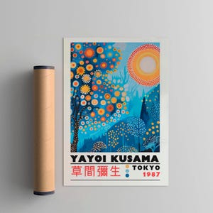 Poster ispirato a Yayoi Kusama, stampa xilografica in stile Japandi Yayoi Kusama, arredamento giapponese vintage, galleria di pareti astratte per la casa, arte Wabi Sabi