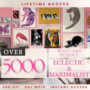 Op de afbeelding: Een collage van meer dan 5.000 eclectische en maximalistische wandkunstprints. De prints tonen een verscheidenheid aan onderwerpen, waaronder dieren, natuur en abstracte ontwerpen. De prints zijn verkrijgbaar in 300 DPI en 50+ MPIX en bieden levenslange toegang.