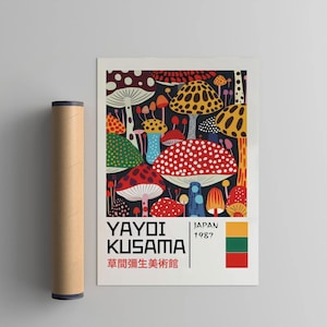 Poster ispirato a Yayoi Kusama, stampa xilografica in stile Japandi Yayoi Kusama, arredamento giapponese vintage, galleria di pareti astratte per la casa, arte Wabi Sabi
