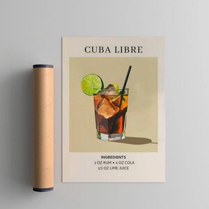 Cuba Libre Cocktail Art Print, plakat z koktajlem, plakat z drinkiem retro minimalistyczny, modna duża sztuka ścienna do baru, dekoracja artystyczna do wydrukowania
