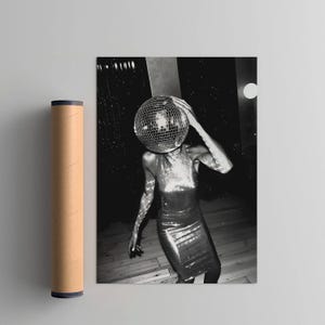 Girl With a Disco Ball Wall Art Print, Bar Cart Trendy Aesthetic Poster, Kitchen Gallery Decor, Apartment, Minimalistic Fine Art Print